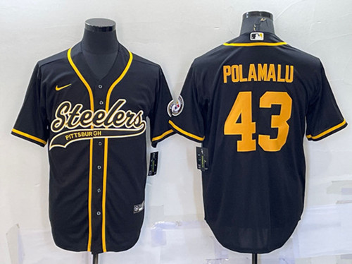 Men's Pittsburgh Steelers #43 Troy Polamalu Black Gold With Patch Cool Base Stitched Baseball Jersey